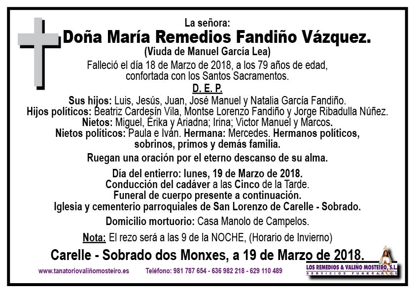 Esquela de María Remedios Fandiño Vázquez.